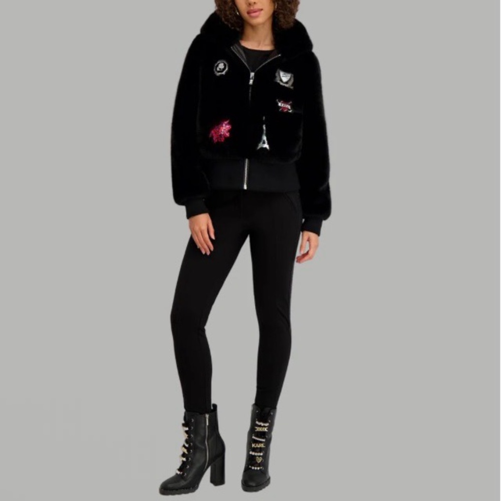 Karl Lagerfeld Faux Fur Logo Patch Bomber Jacket - Picture 15 of 17